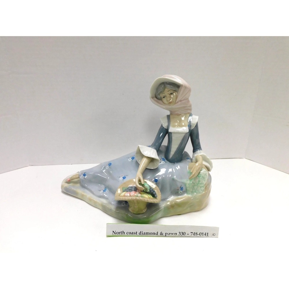 Casades Spain Porcelain Figurine Seated Woman with Fruit Basket Pastel Blue DW35